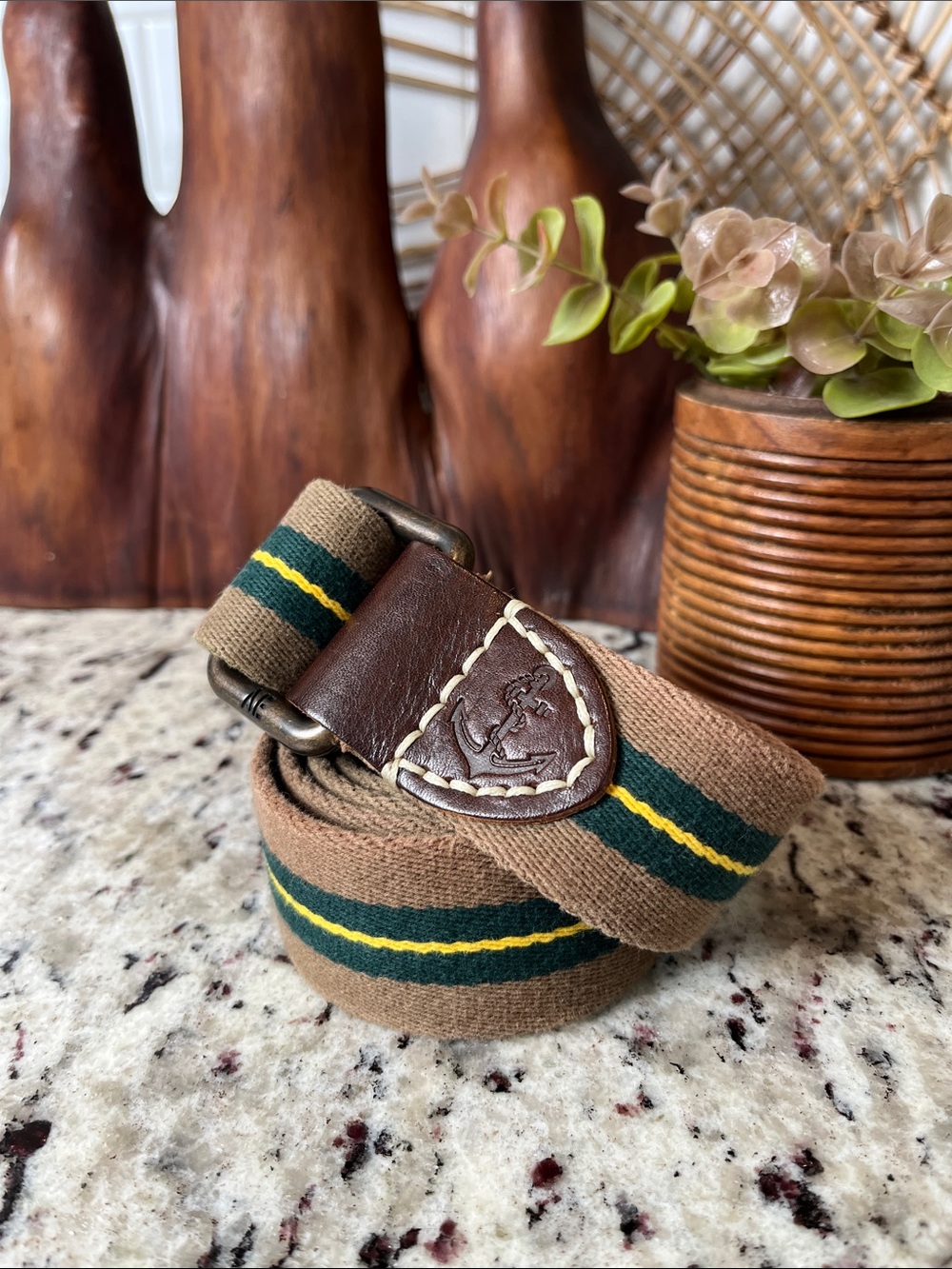 American Eagle Outfitters Brown Canvas Belt with Green and Yellow Stripes